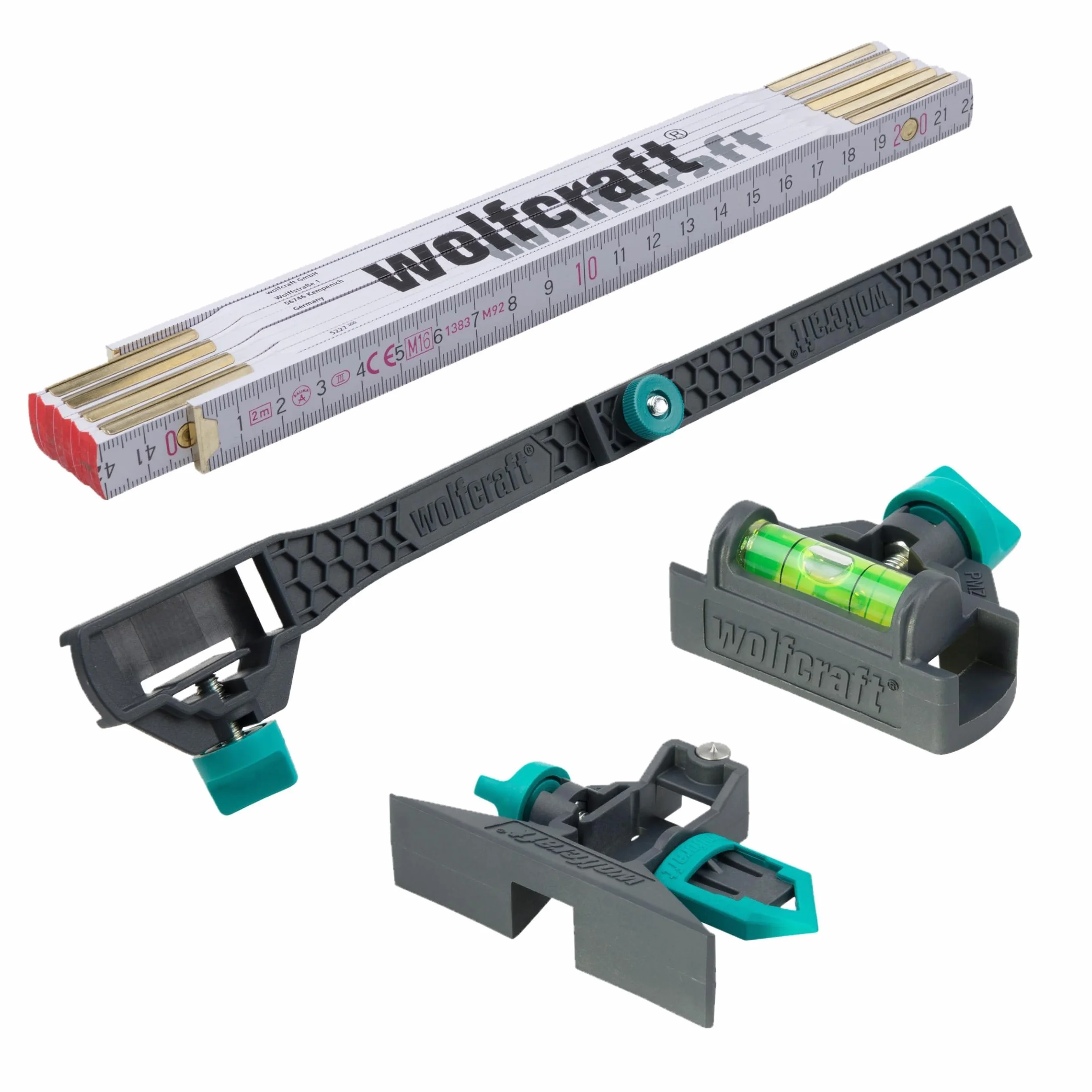 wolfcraft "Personaliza mi metro plegable", juego de 4 piezas 8623000 - Convierte el metro plegable en un nivel de burbuja o en un gramil y permite ajustar una medida interna