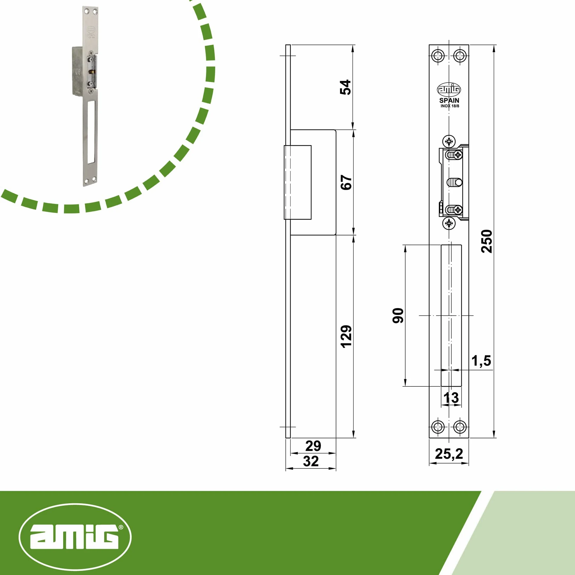 Amig - Abrepuertas Eléctrico de Embutir para Puertas - Mod.21-250 x 25 x 3 mm - Amperaje: 1,1 A - Incluye Bobina de 8-12 V de Corriente Alterna - Cerradero para Portales, Tiendas u Oficinas