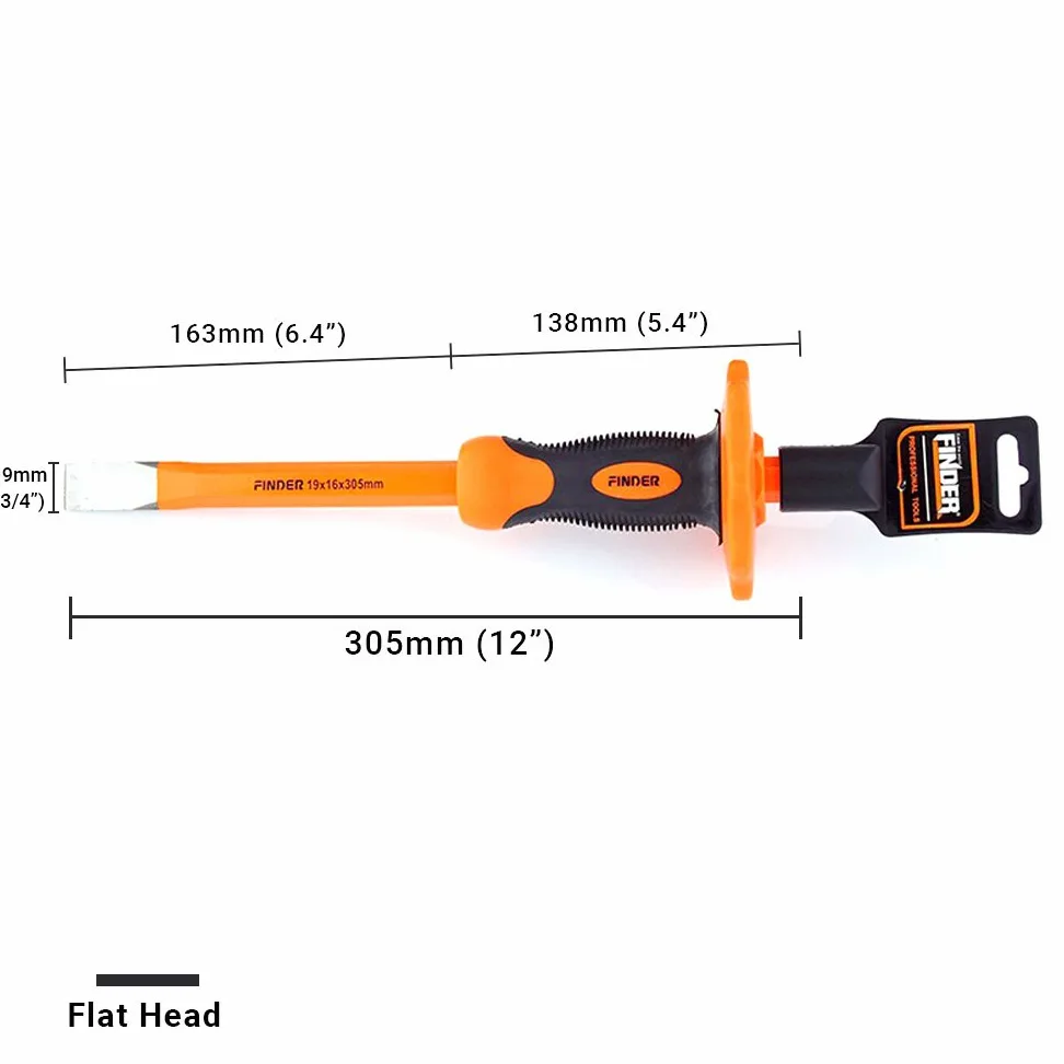 Finder 12'' Cincel de cabeza plana Con protección para las manos,Tarea pesada Cortafríos para Demoledora/Mampostería/Madera/Tallado/Hormigón Elrompedor
