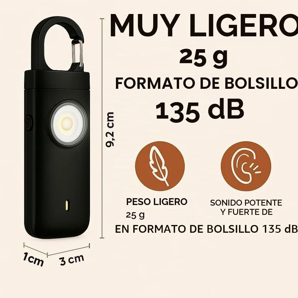 Alarma de bolsillo, alarma personal de seguridad de emergencia de 130 decibelios con luces, color negro