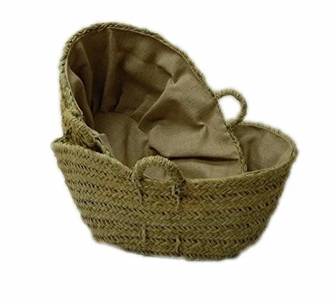 Capazo de Esparto o leñero de fibras naturales, con Forro Tipo Saco. Ovalado. Cesto para la leña o decoración (4V, aprox. 50-55x30 cm)