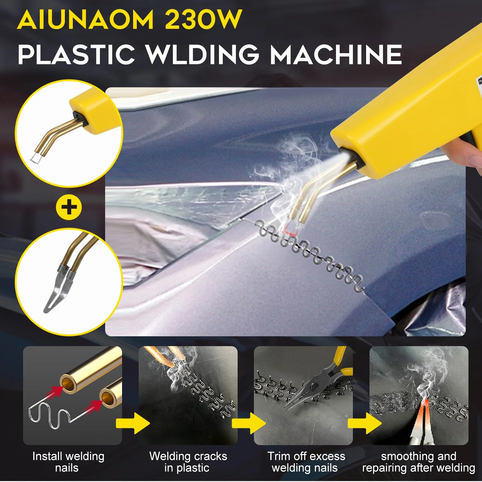 AIUNAOM 230W Soudure Plastique 2 en 1 Kit de Soudage avec 6 Types de 900Pcs Agrafes et 1Pcs Outil de Lissage pour Réparer les Pare-chocs de Voiture et d'Autres Pièces en Plastique