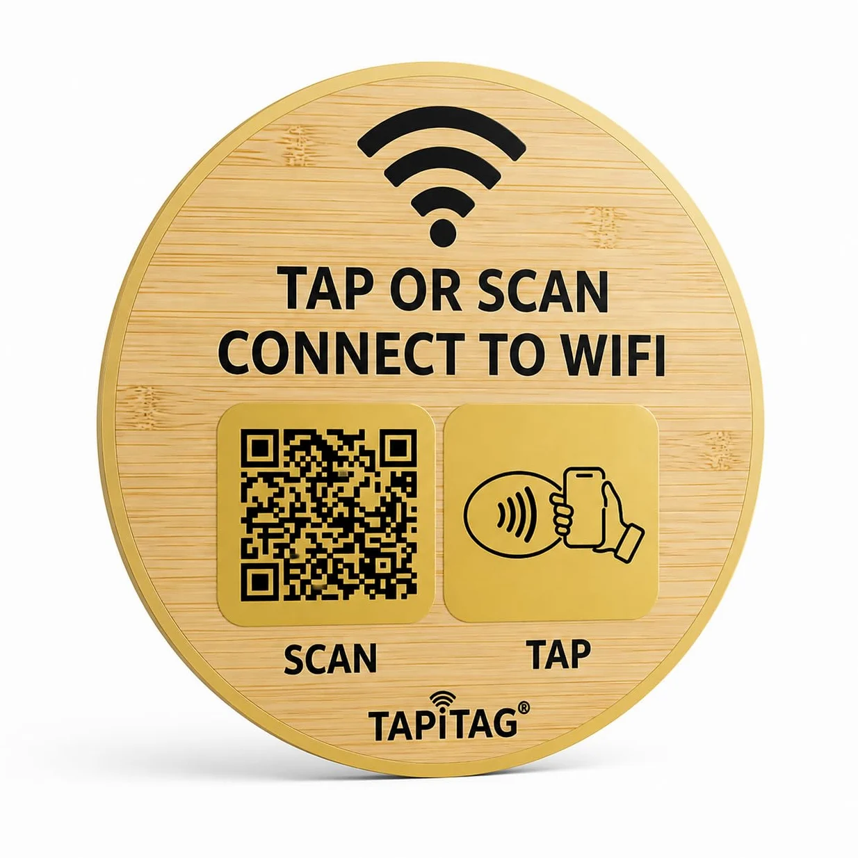 TAPiTAG Bamboo - Etiqueta de portero WiFi con NFC y código QR, fácil acceso WiFi, conexión de copia de vista de grifo, no requiere aplicación, sin suscripción, negro y dorado, 120 mm
