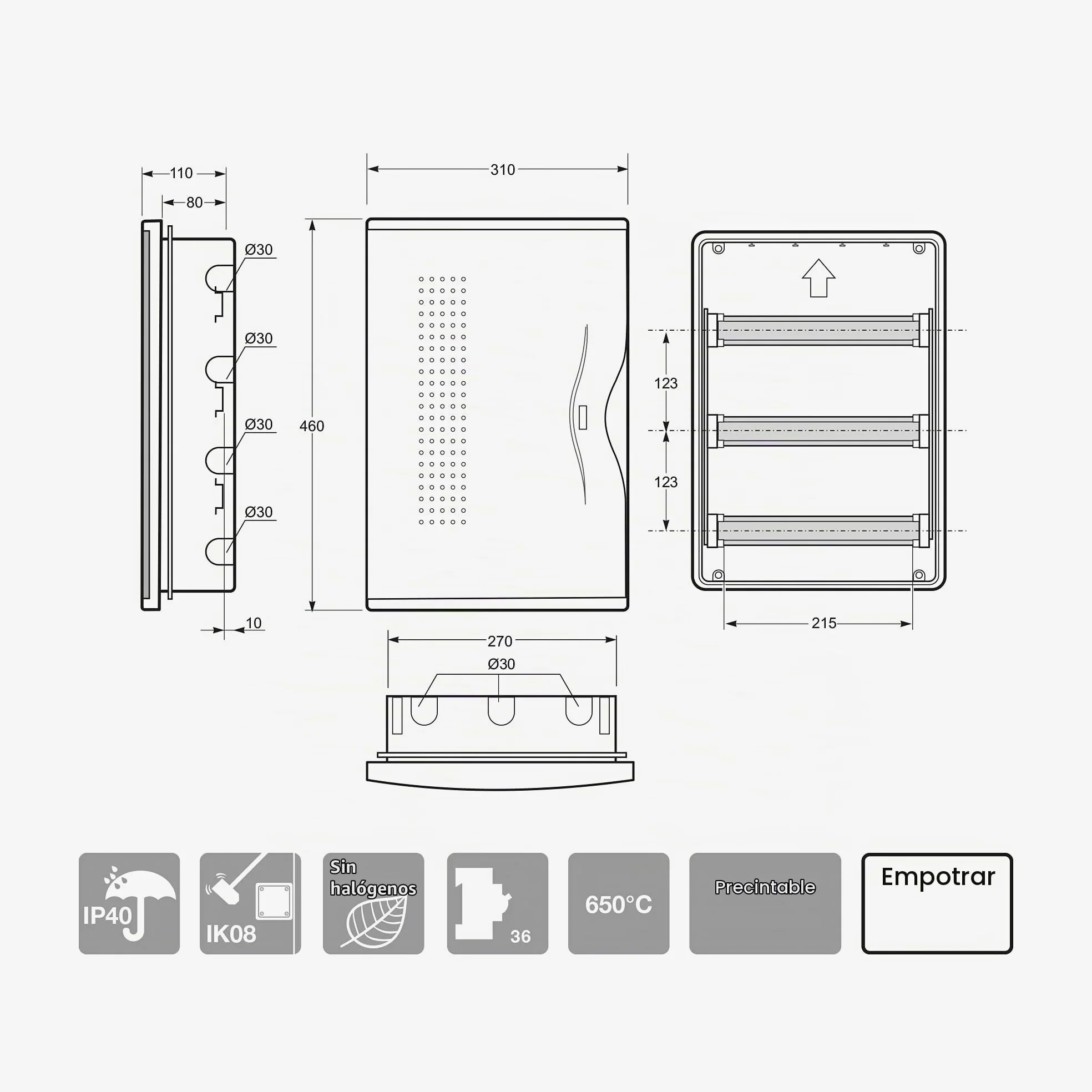 FAMATEL – Armario Nuova Empotrar | IP40 | 36 elementos | 440 x 286 x 78 mm | Puerta opaca | Gris, blanco