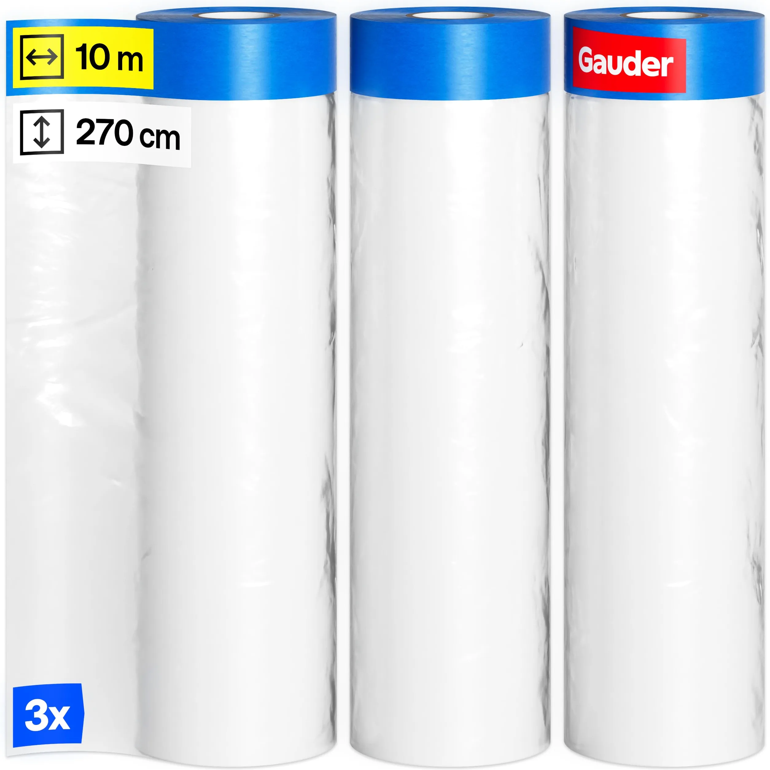 GAUDER Film protector con cinta adhesiva - 81 m² de plástico autoadhesivo - Para ventanas, puertas e interruptores (3 Rollos - 270 cm x 10 m)