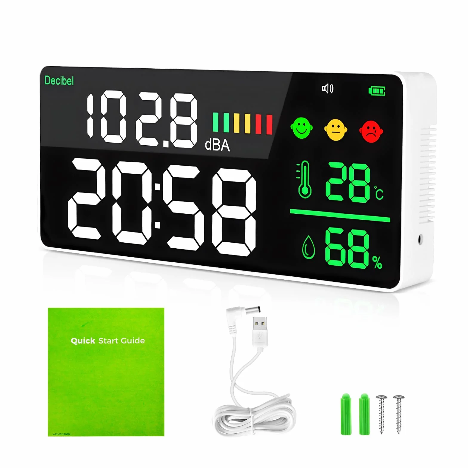 Medidor de Nivel de Sonido Digital Colgante, Decibelímetros Inteligente con Gran Pantalla LCD, Reloj, Detección de Temperatura y Humedad, Decibelios 30~130 dB con Alarma para Monitor de Ruido