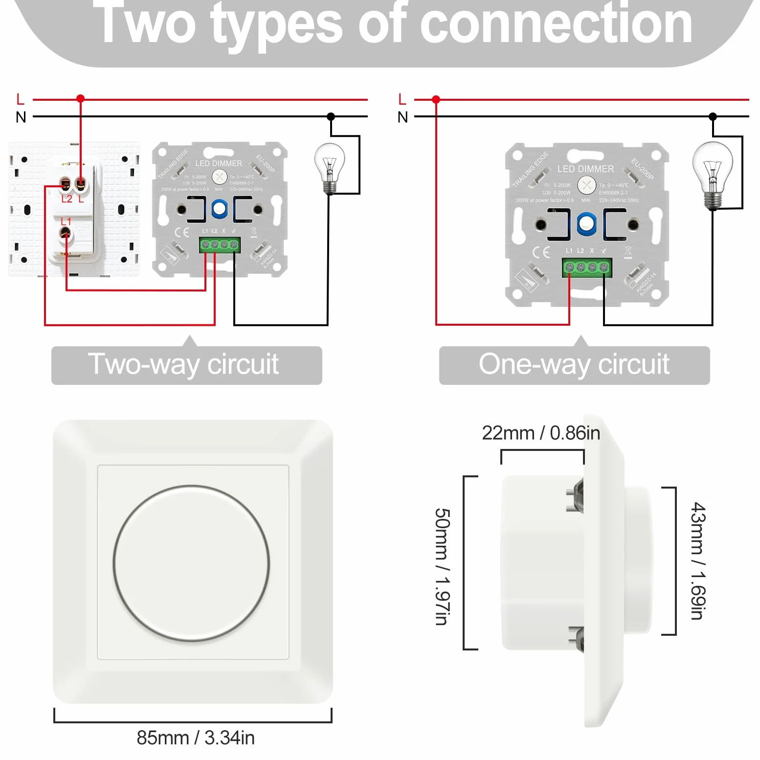Dimmer LED 220V-240V, interruptor para bombillas LED regulables 5W-200W, protección segura, sin ruido, crema