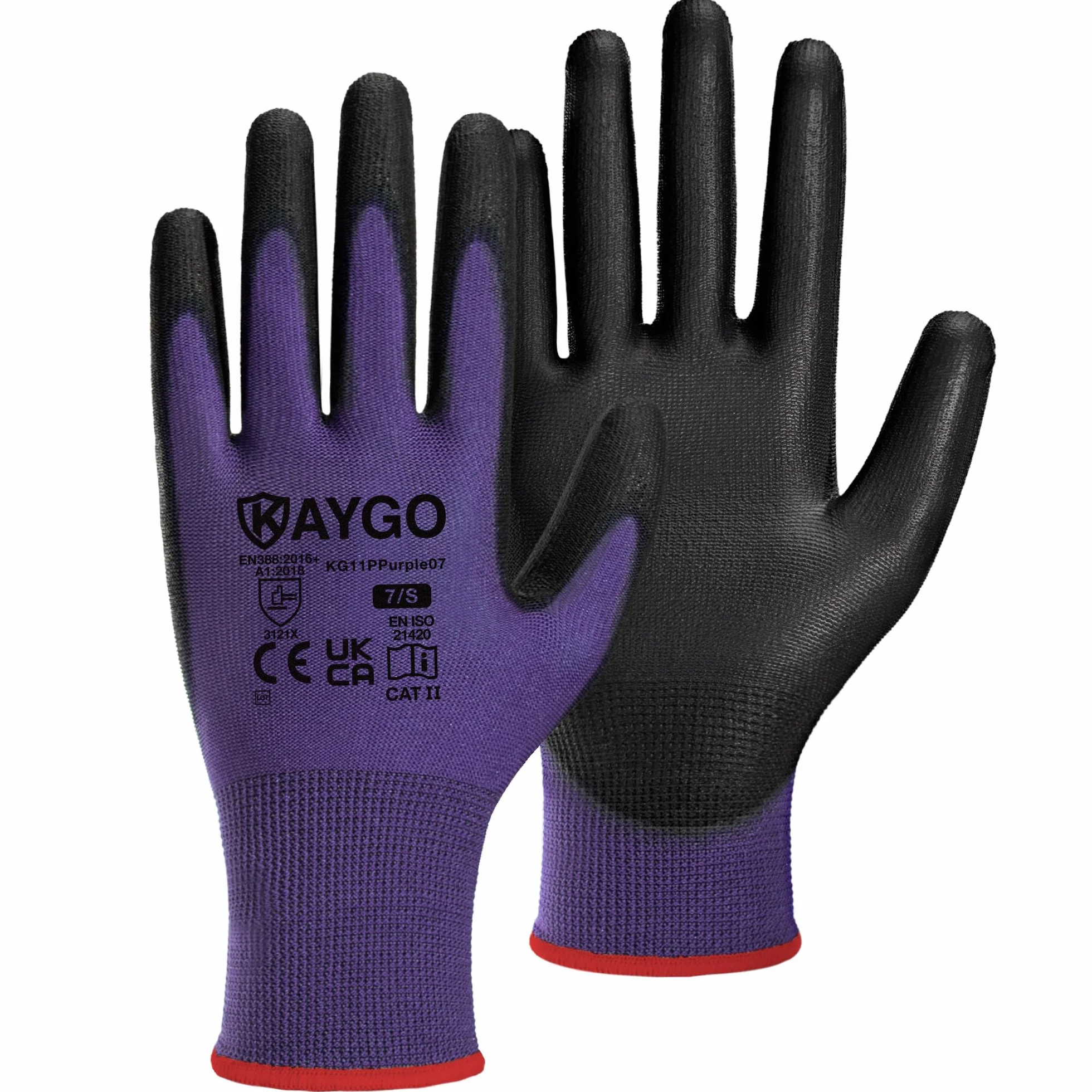 KAYGO 12 pares de guantes de trabajo para hombres y mujeres, guantes de protección recubiertos de PU, agarre antideslizante en palmas y dedos, adecuados para trabajos generales (Morado, S, talla 7)