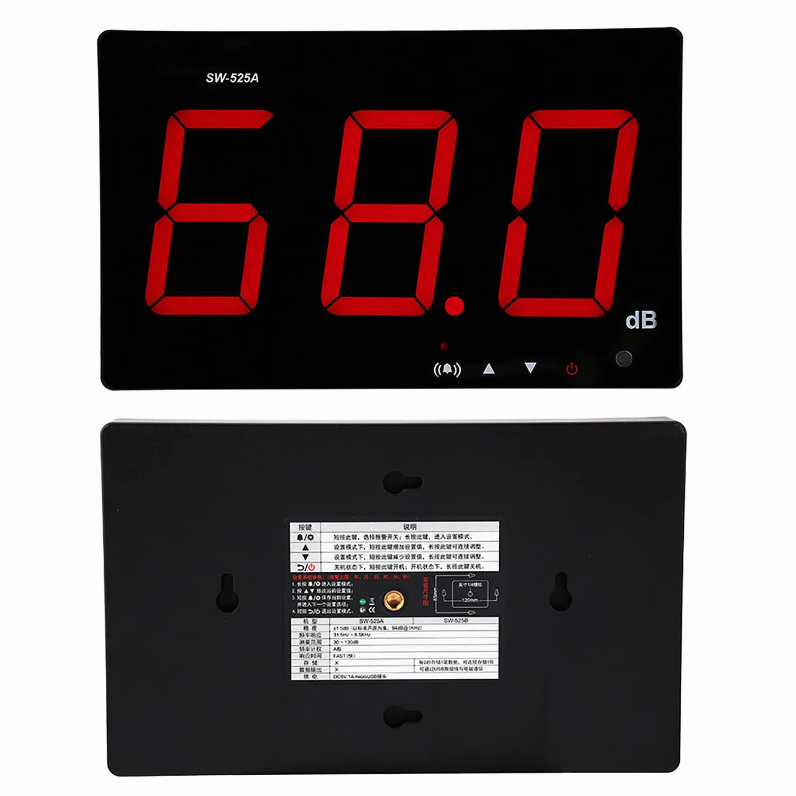 Tyenaza Medidor de Decibelios, SW-525A 30-130dB Medidor de Nivel de Sonido Montado en la Pared, Pantalla LED Grande, Alimentado por USB, para áreas Públicas Restaurantes Aulas Hospitales(210x130x30mm)