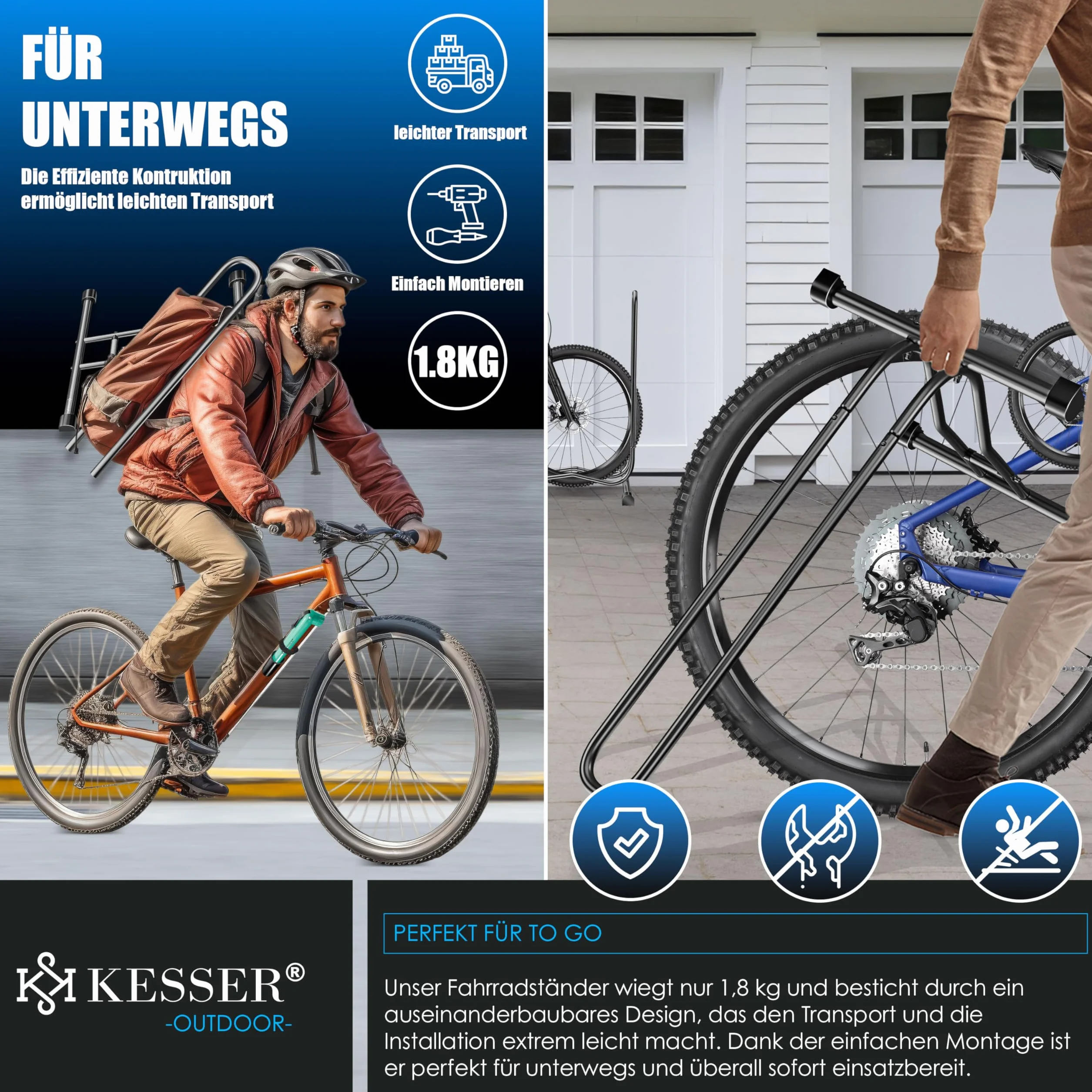 KESSER Soporte de bicicleta para bicicleta de montaña, eléctrica, ciudad, carretera, MTB, soporte de suelo independiente