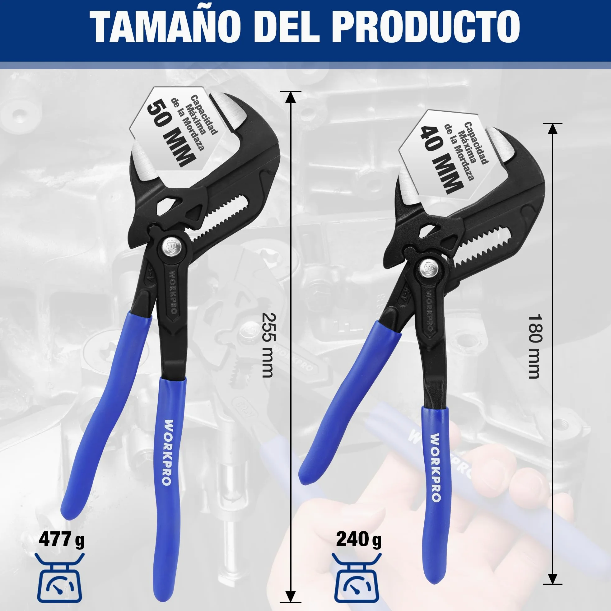 WORKPRO Tenaza Llave de 2 Piezas, 180mm/255mm, Juego de Llave de Alicate de Cr-V, Llave Ajustable, Tenazas con Mandíbula de Autoajuste, Apertura Máxima de Mandíbula 40mm/50mm
