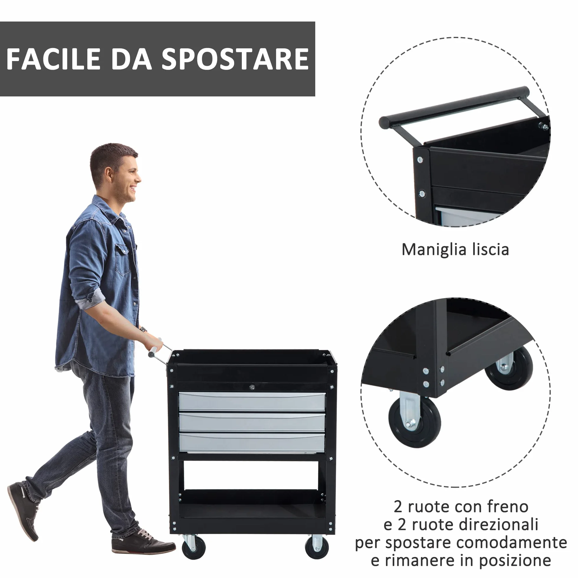 HOMCOM Carro de Herramientas Móvil 3 Cajones 2 Estanterías 68x46x88cm Chapa de Acero Negro