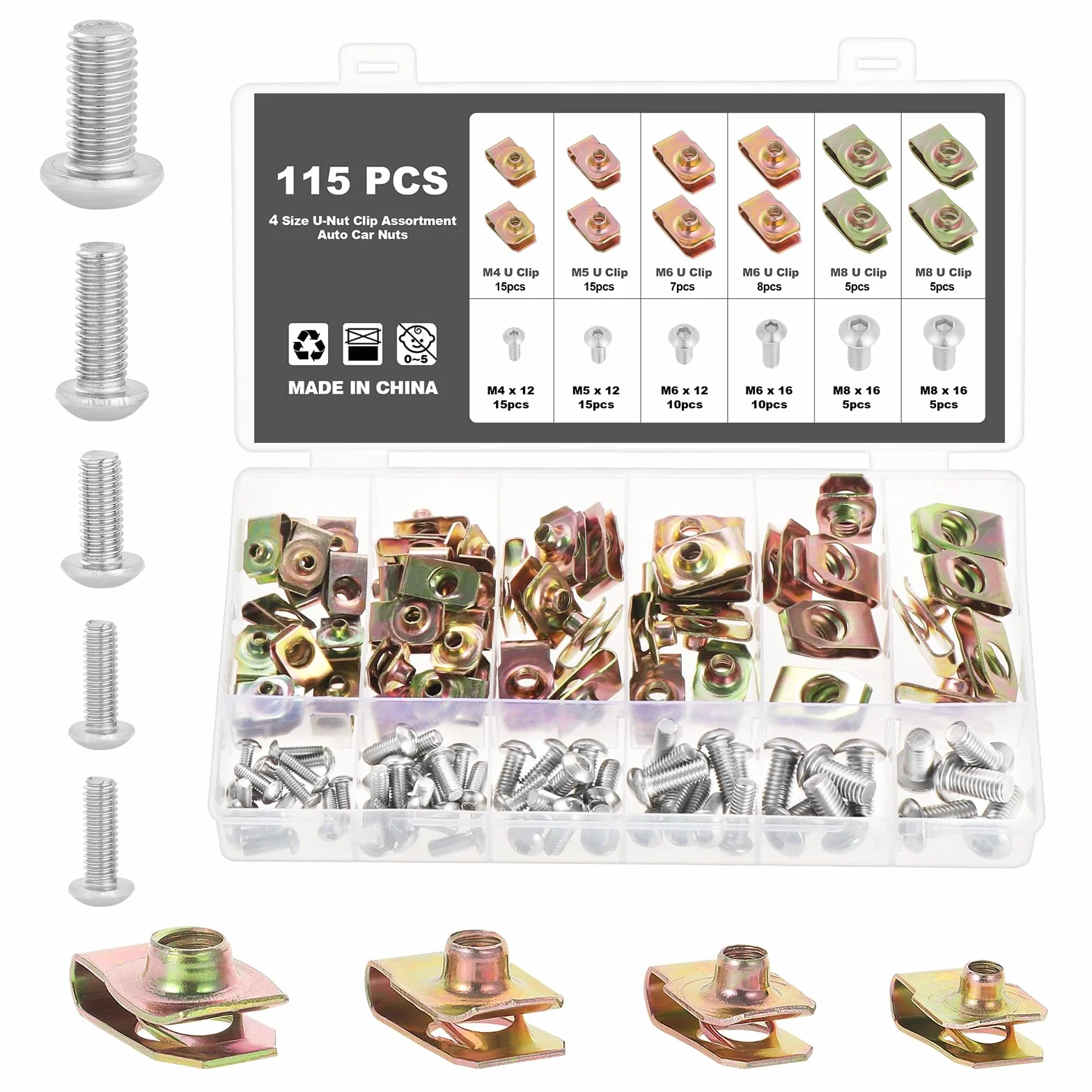 115 piezas U Clips y tornillos Kit,Universal Metal U-Nuts,Grapas de carrocería,Clip de fijación de metal en forma de U, Tornillos de carrocería para alas de coches