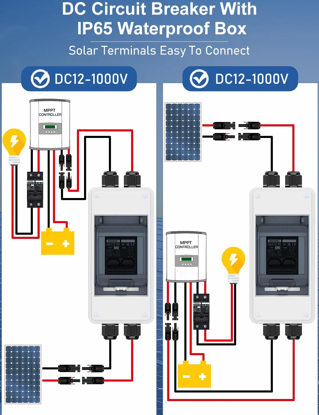 DIHOOL 40A 1000V interruptor de protección de circuito DC disyuntor de protección fotovoltaica con carcasa IP65 impermeable conector solar cable para instalaciones solares